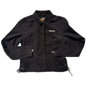 Rare Harley Davidson Womens Canvas Biker Jacket Embroidered Back Side Lace Small